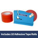 Cerradora manual de bolsas con 10 rollos de cinta autoadhesiva roja de 3/8"