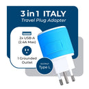 Italy, Uruguay Travel Adapter - 3 in 1 - 2 USB - Type L - Compact Design (U2U-12A)