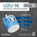 Australia, New Zealand Travel Adapter - 3 in 1 - 2 USB - Type I - Compact Design (U2U-16)