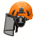 Sistema de casco de seguridad para trabajos en altura con protector facial de malla de hierro y orejeras