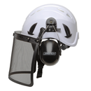 Sistema de casco de seguridad para trabajos en altura con protector facial de malla de hierro y orejeras